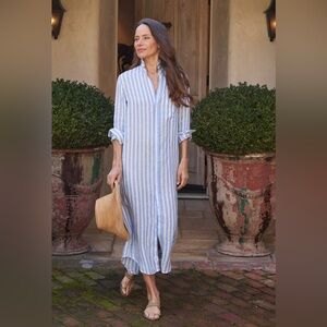 Frank & Eileen Rory Blue White Stripe Linen Maxi Shirt Dress Long Sleeve XS